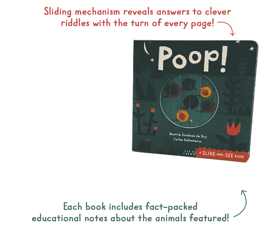 GIF showing the a flip-through of 'Poop!.' In this series, a sliding mechanism reveals answers to clever riddles with the turn of every page! Each book includes fact-packed educational notes about the animals featured!