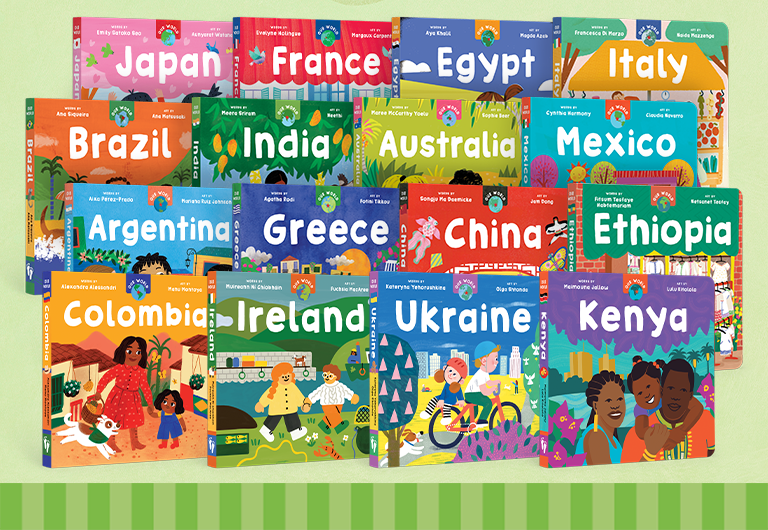 Image of three rows of books from our Our World board book series, featuring Brazil, Greece, Ethiopia, Egypt, Argentina, China, and more!