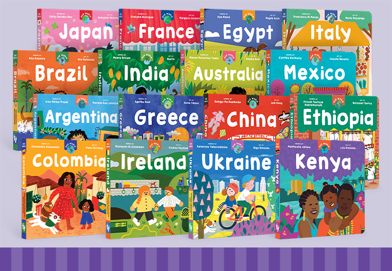 Image of four rows of books from our Our World board book series, featuring Brazil, Greece, Ethiopia, Egypt, Argentina, China, and more!