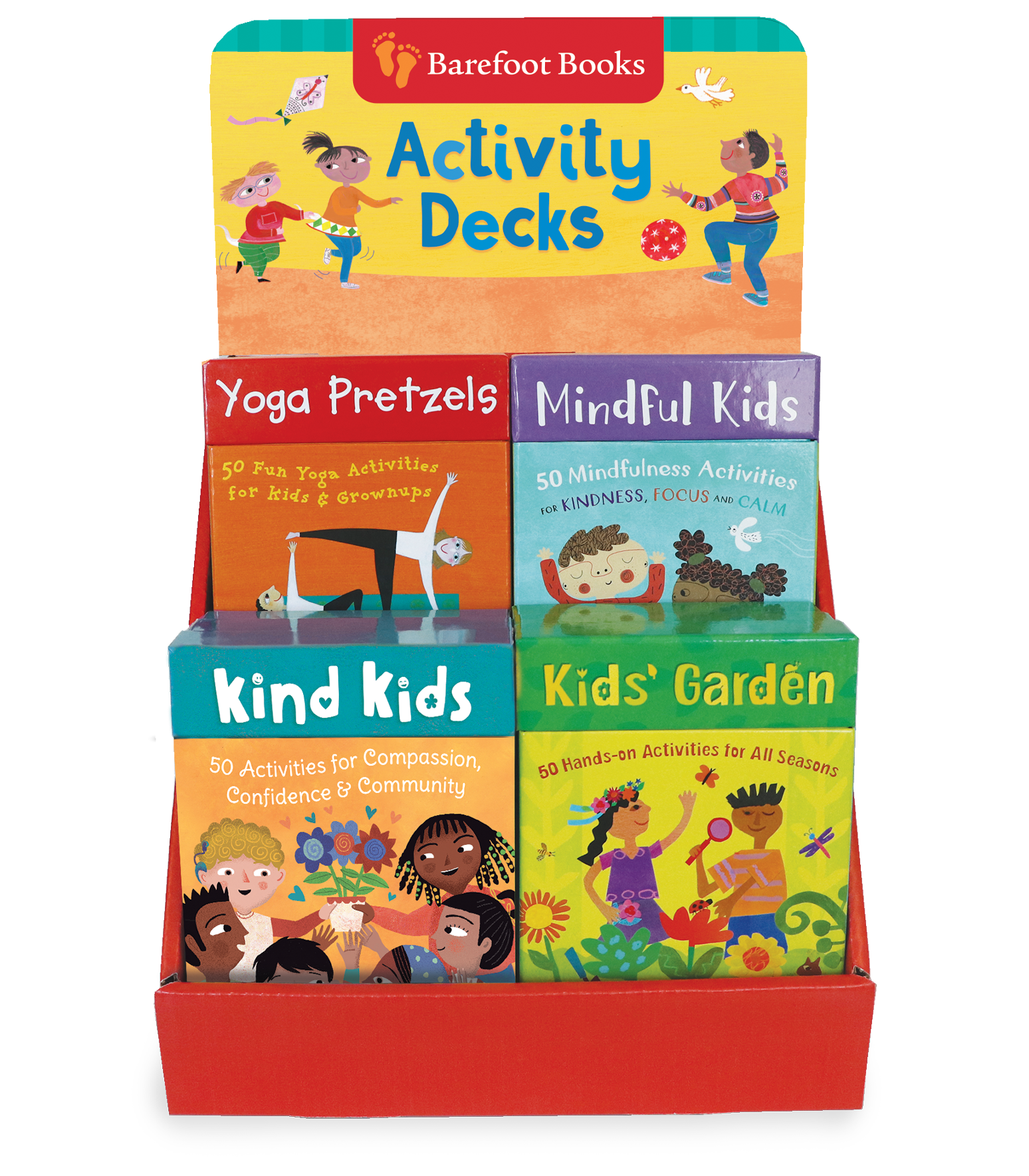 Retail display showcasing our Yoga Pretzels, Mindful Kids, Kids Garden, and Kind Kids activity decks