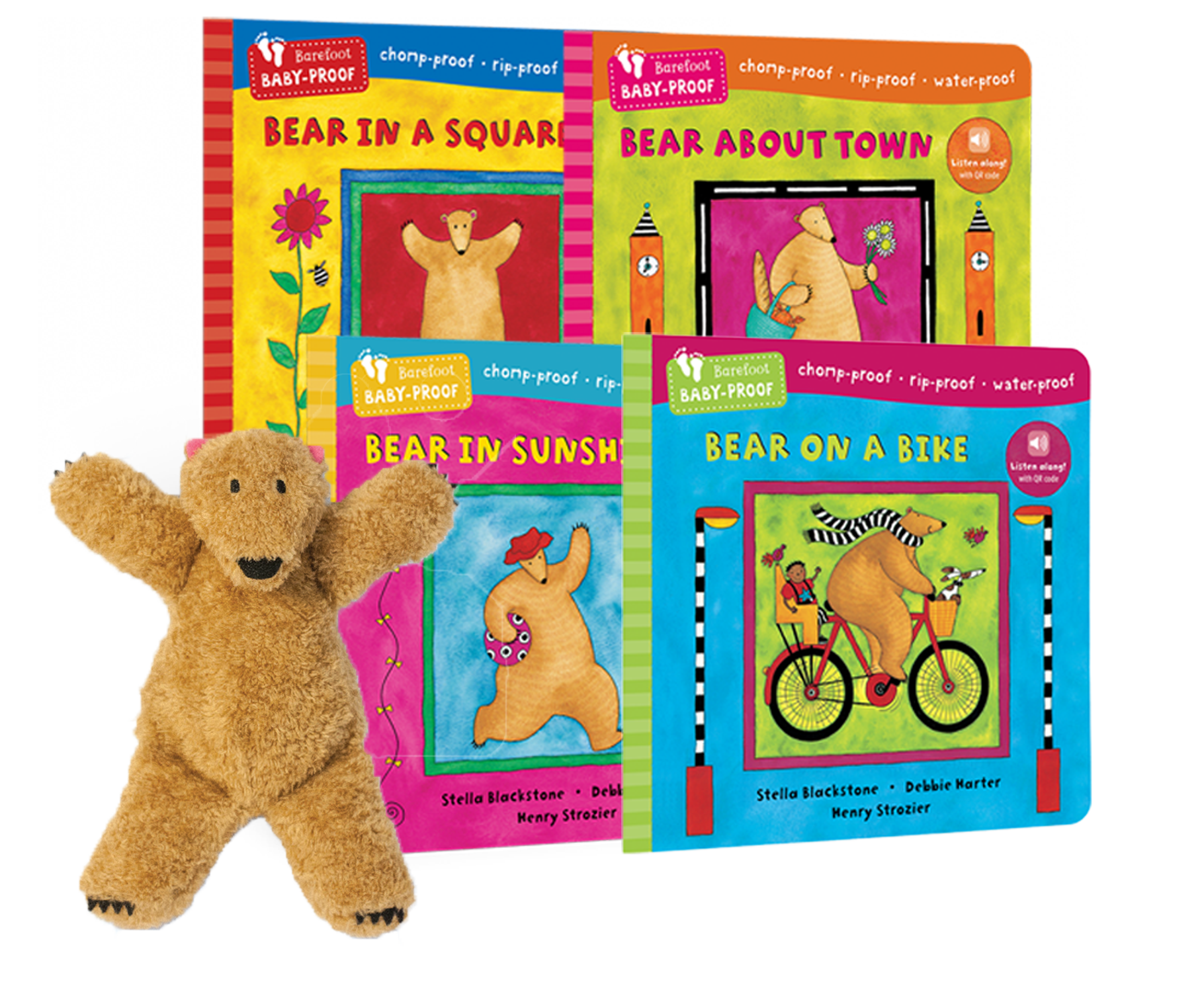 Gift set showing the Barefoot Baby Proof Bear books and a Bear plush